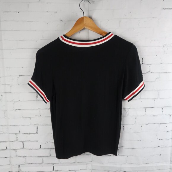 GAZE BLACK WHITE & RED FRENCH BULLDOG PRINT SHORT SLEEVE CROP TOP SIZE SMALL - Picture 5 of 5